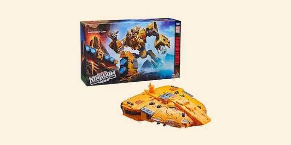 A pack of Transformers toy robot and a yellow Autobot ship.